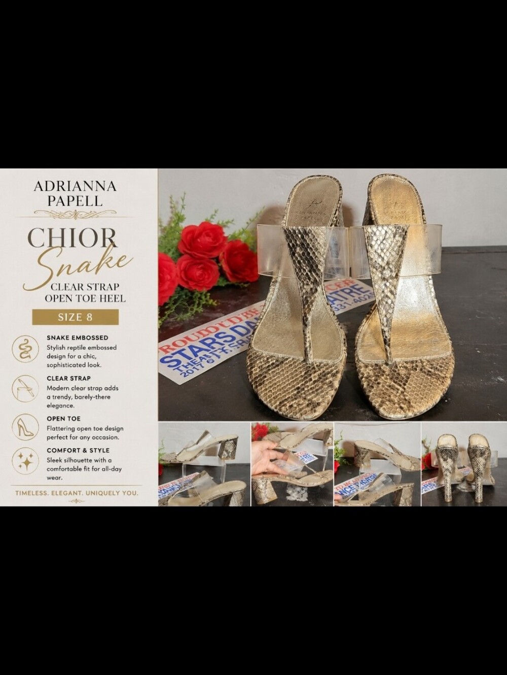 ADRIANNA PAPELL Chior Snake Reptile Embossed Clear Strap Open Toe Heel 8 Gold